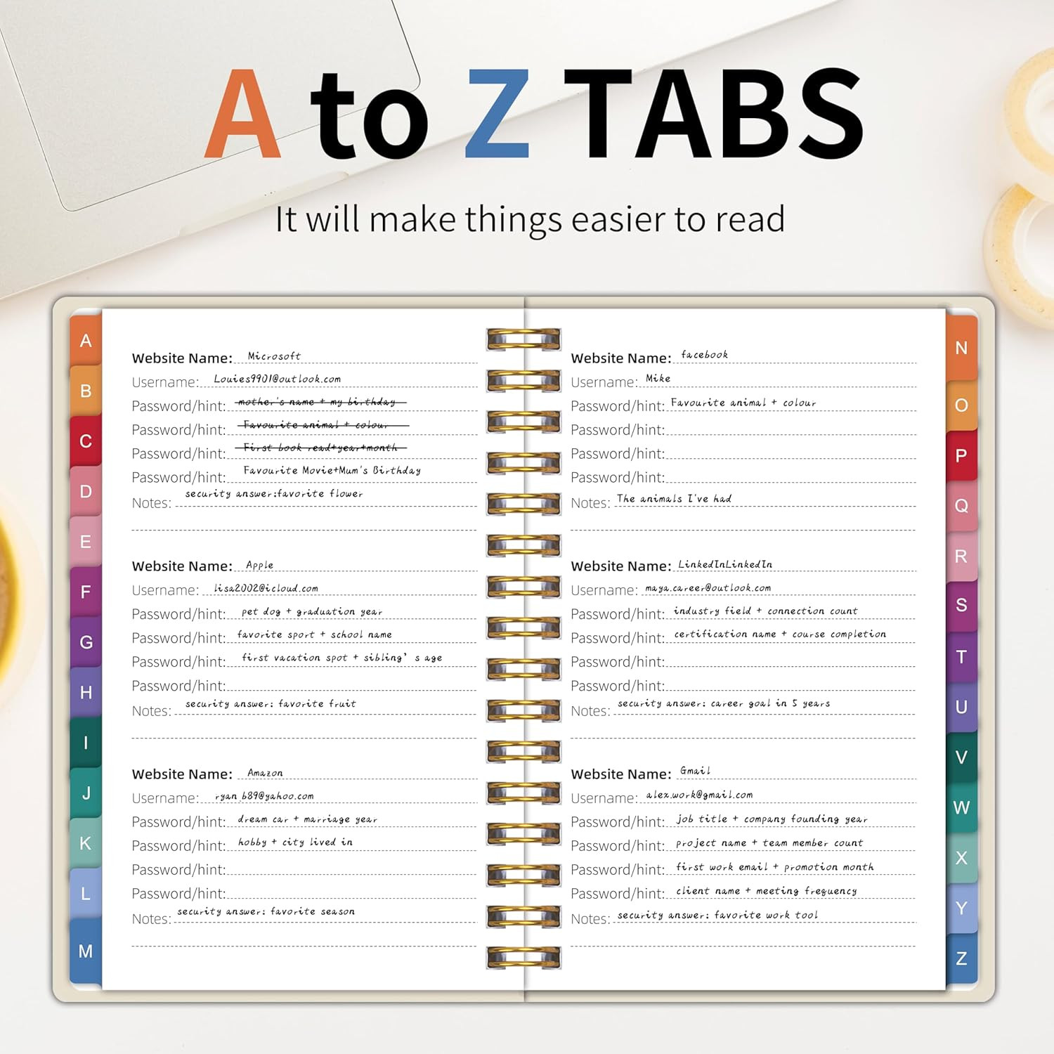 Spiral Password Book with Alphabetical Tabs – 4" X 5.5" Small Password Keeper Bo