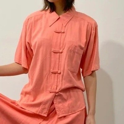 VTG The Limited Coral Pink 100% Silk Short Sleeve Frog Button Blouse Sz L Boxy