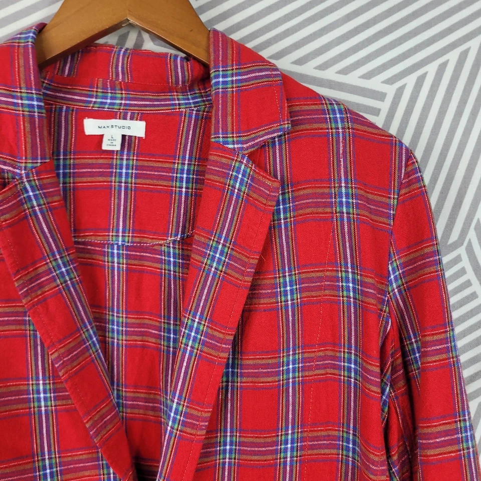 Vintage 90s Max Studio Plaid Linen Blazer Size Large Jacket Red Ruched Sleeve - Image 2 of 4