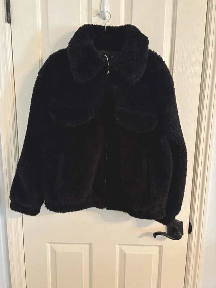 Nueva chaqueta de bombardero Boohoo Teddy de piel sintética de gran tamaño negra talla 4 Foto 2 de 4