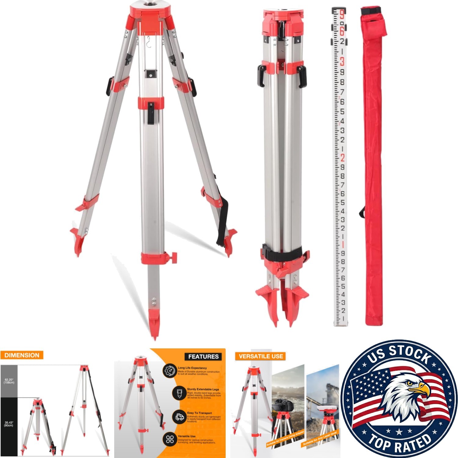 62.2” Aluminum Surveying Tripod with 9FT Telescopic Grade Stick for Precision