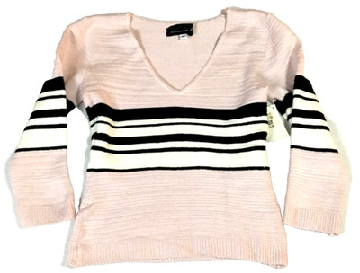 Annie B Womens Top Sz M Pink White Black V-Neck 3/4 Sleeves USA 90s Stretch NWT