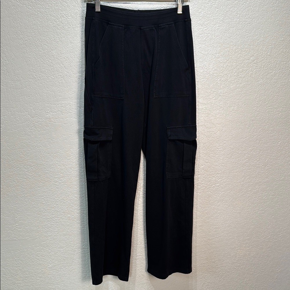 Halara Women's M Petite Black Acid Wash Cargo Wide Leg Stretchy Denim Pants NWT