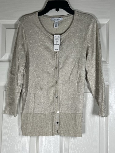 White House Black Market Women’s Cream And Gold Shimmer Front Snap