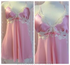 Vintage BABYDOLL Pink GOWN Short CHIFFON Slip Dress Satin Top Vest Lace Bow M