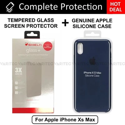 Genuine Apple iPhone XS MAX Silicone Case Cover + Zagg Glass Screen Protector - Image 1 of 4