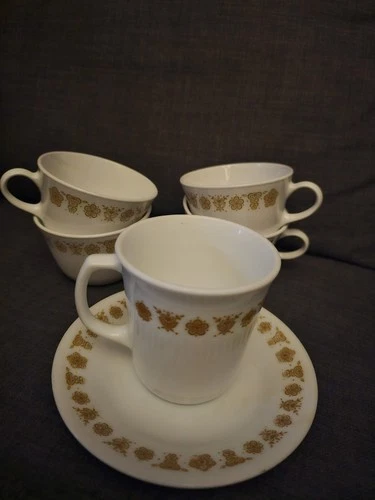 Set Of 5 Vintage Pyrex Corning Ware Corelle Butterfly Gold Coffee Cups