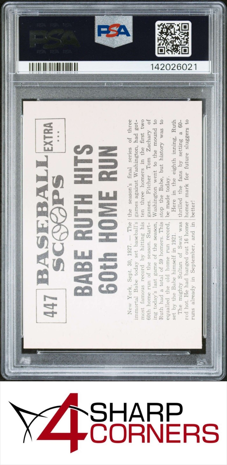 1961 NU-CARD SCOOPS #447 BABE RUTH HOF HITS 60th HOME RUN PSA 7 view 2