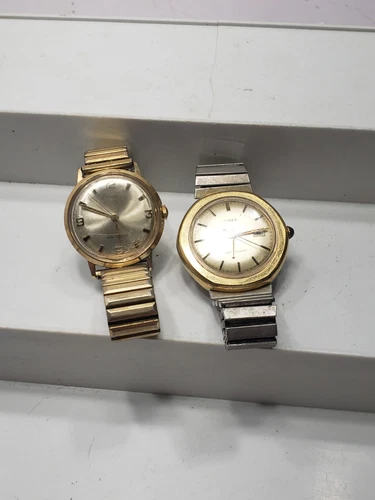 Lot Of 2 Vintage Mens Timex Gold Tone Stainless Steel Manual Wind Watch Untested