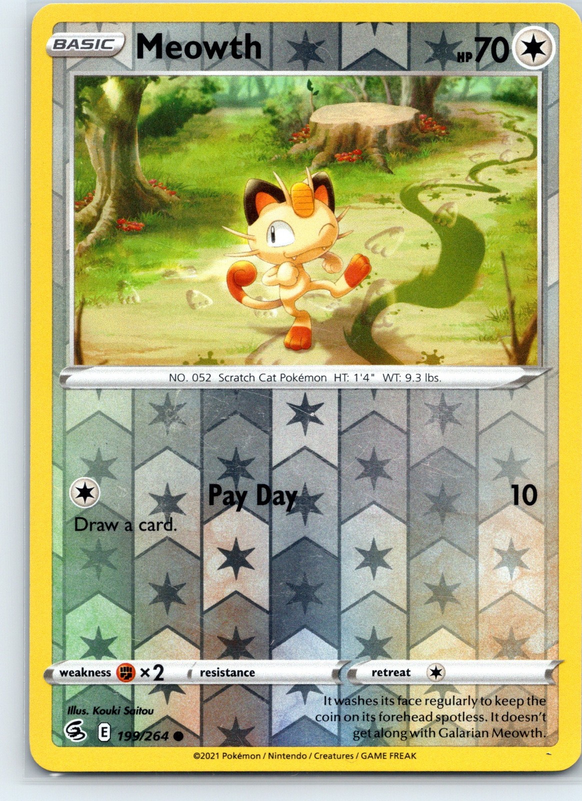 Meowth Common SWSH08: Fusion Strike Reverse Holo 199/264 Pokemon Card LP