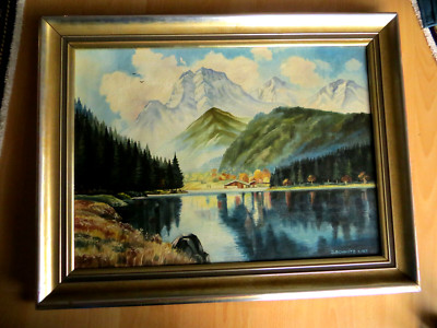 ORIGINAL ÖLGEMÄLDE. SEE-BERG-LANDSCHAFt, Oktober 57, signiert  J. SCHMITZ