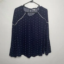 Crown & Ivy Women Plus Size 1X Top Blue White Polka Dot Boho Peasant Rayon