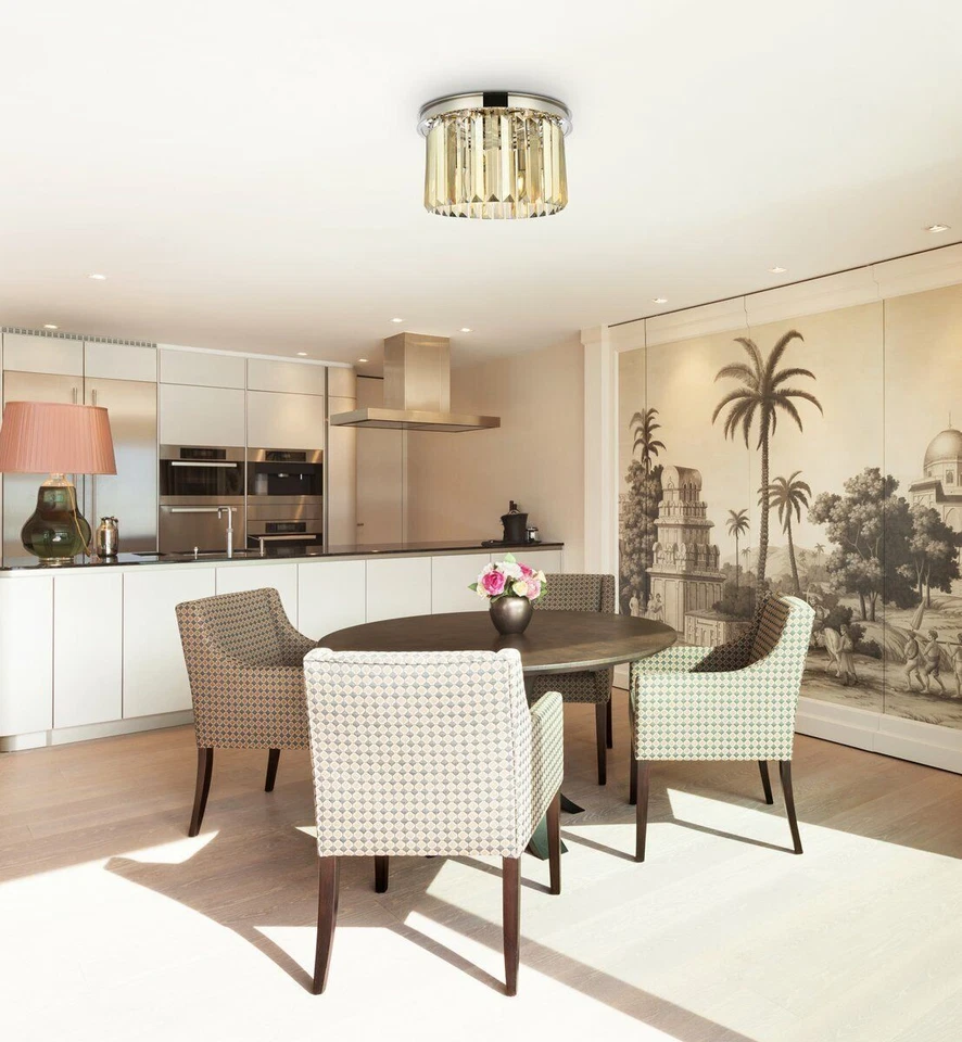 Chandelier Flush Mount 3 Light Fixture Polished Nickel 16in Golden Teak Crystal - Image 3 of 4