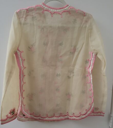 Vintage Ladies Sheer Embroidered Jacket Pink And White Floral On Ivory - Picture 3 of 3