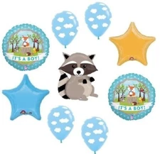 RACCOON Woodland Animals It's a BOY Welcome Baby Shower Party Mylar Balloons Set