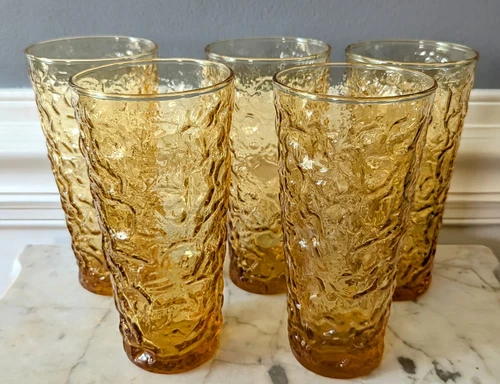 Vintage MCM Anchor Hocking Lido Milano Desert Gold Textured Glass 14oz Tumblers