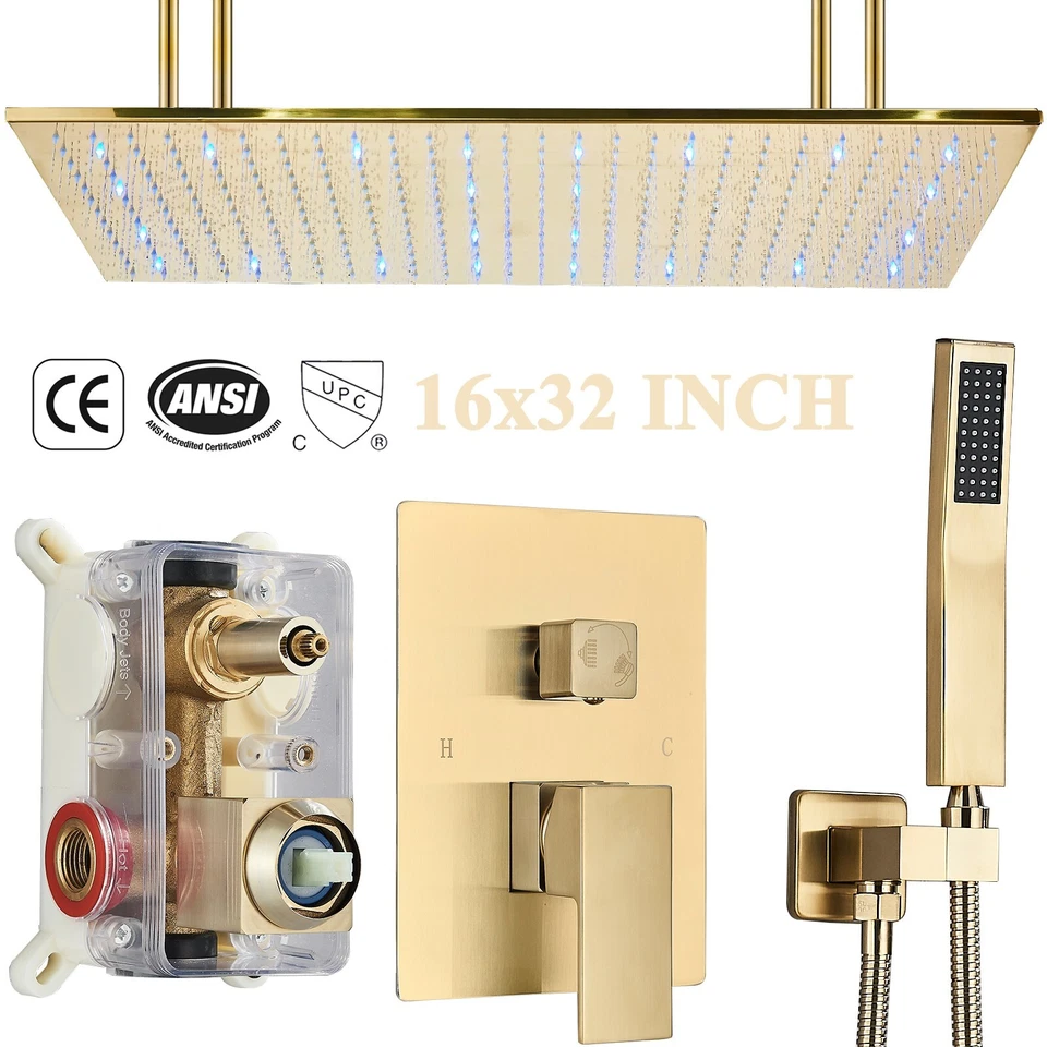 Brushed Gold Shower Faucet Set 16x32 in LED Rain Shower Head Combo Ceiling Mount - Image 2 of 4