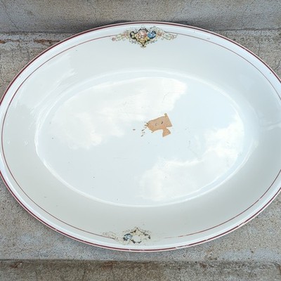 Unmarked White Oval Ceramic Platter Floral Rim Border, Glossy Decorative