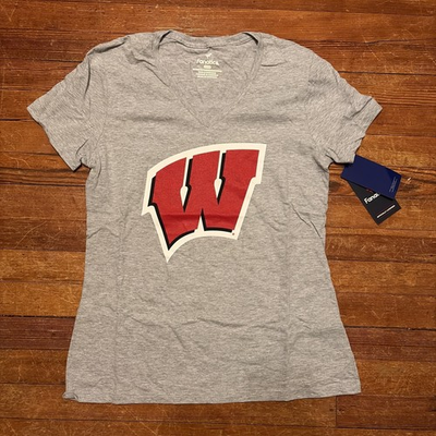 #ad #ad Women#x27;s Wisconsin Badgers Shirt Gray V Neck Fanatics Short Sleeve NWT $19.95