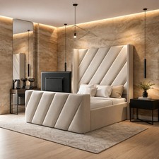 Diagonal Lines WInged TV Bed frame  in Plush Velvet Fabric All UK Sizes & Colors