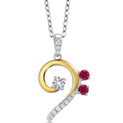 925 Silver and 10K Yellow Gold White Created Sapphire Created Ruby and White