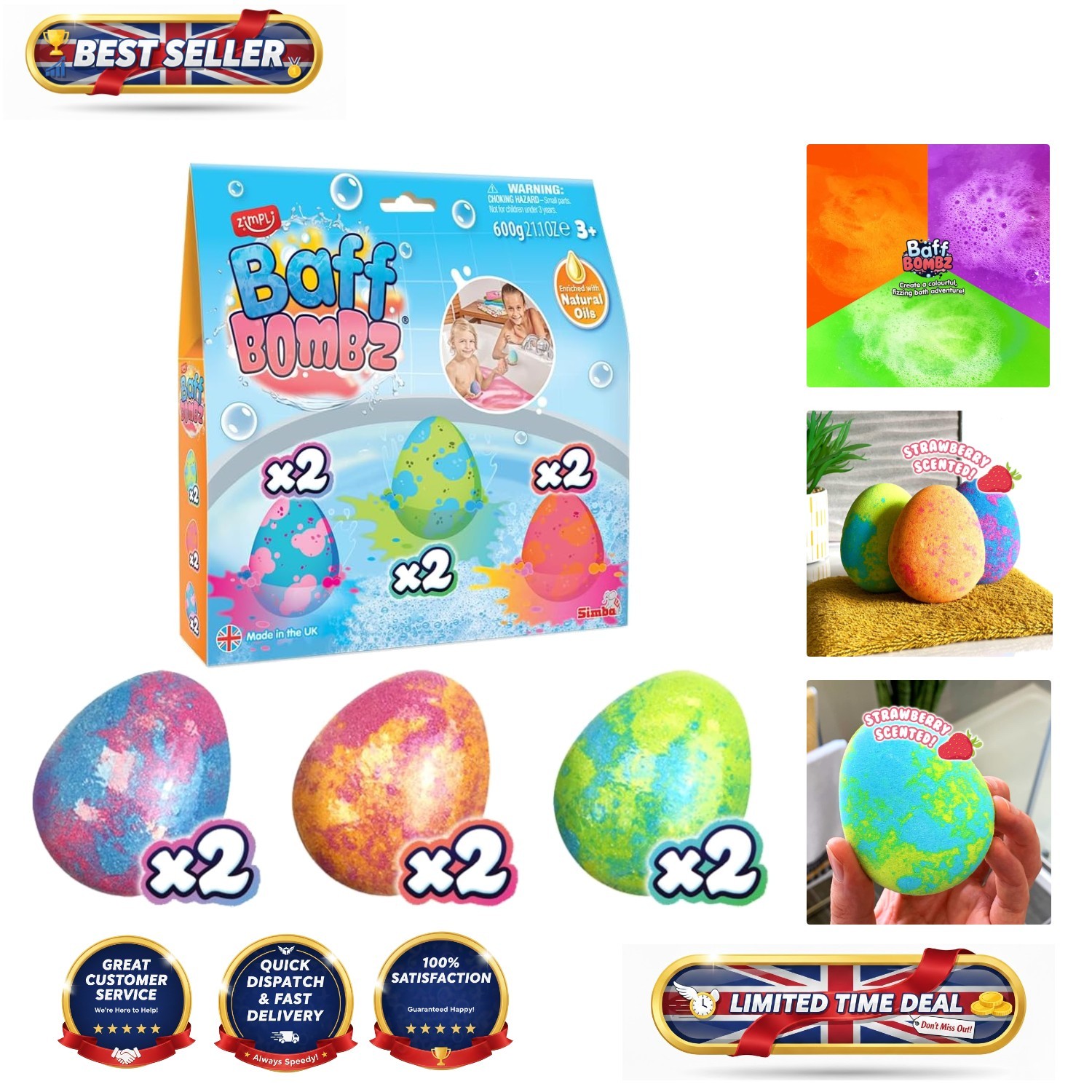 Strawberry Scented 6 x Egg Bath Bombs - Safe, Fun Bathing for Sensitive Skin