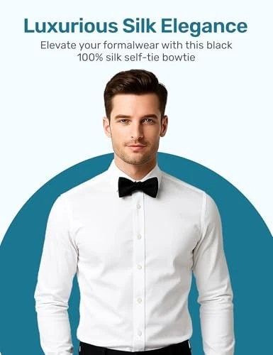  100% Silk Formal Bow Tie, Solid 16MM Silk Self Tie, Wedding & Tuxedo Black - Image 2 of 4