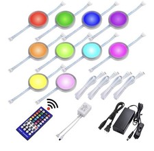 RGBW Wireless LED 10 Puck Under Cabinet Light Set Color Changing w/ Remote