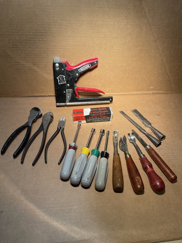 Tool Lot Staple Gun, Chisels, Side Cutters, Nut Drivers, Wood Handled Tools +