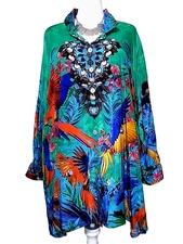 John Mark NWT Parrots Peacocks Artsy Boho Long Wire Collar Tunic Blouse Plus 2X
