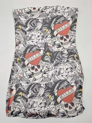 Ed Hardy Power Mesh Love Kills Slowly Skull White Tube Dress WOMENS SIZE MEDIUM