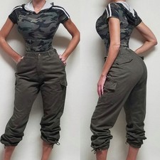 Vintage 1990s Carolina Blues Army Green Khaki Cargo Cropped Ankle Tie Pants