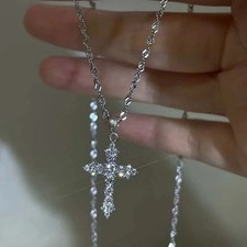 Crystal Zircon Cross Pendant Necklace for Women Girls Punk Silver Color Chain