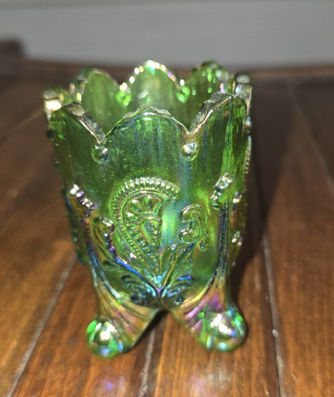1970s Joe St Clair Carnival Glass Inverted Fan & Feather Toothpick Holder