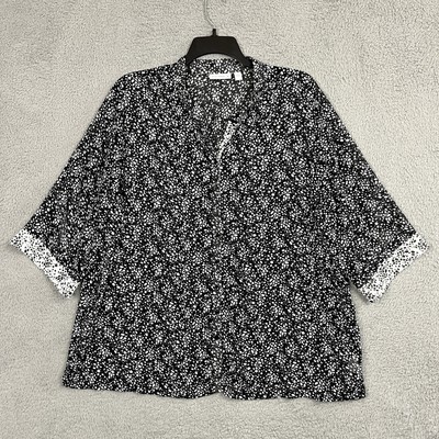 Susan Graver Blouse Womens 2X Black White Semi Sheer Button Up Roll Tab Sleeves
