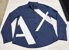 Armani Exchange Mens Blue Long Sleeve Button Up Big Logo Print Sz S Worn Once