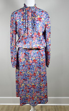 Vintage 2 Pc Floral Set Blouse Skirt Ruffle High Neck Pink Blue S Secretary