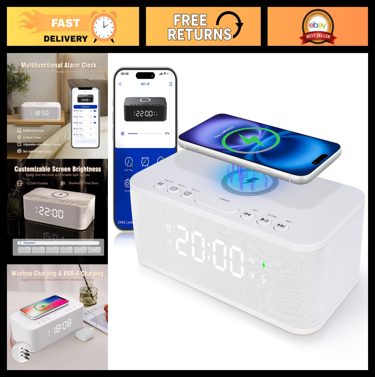 Dual Alarm Clock Radio with Bluetooth, White Noise, 23 Sound