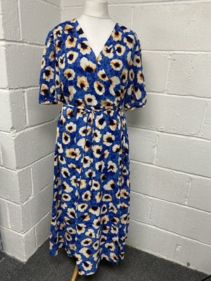 Wallis Curve Blue Poppy Mock Wrap Midi Side Split Dress Size 20 PT 