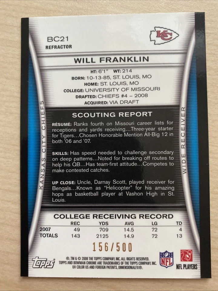 2008 Bowman Chrome Refractor /500 Will Franklin #BC21 Rookie RC - Image 2 of 2