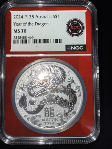 2024 P125 Australia 1 Oz .999 Fine Silver Lunar Year of the Dragon NGC MS70 S$1