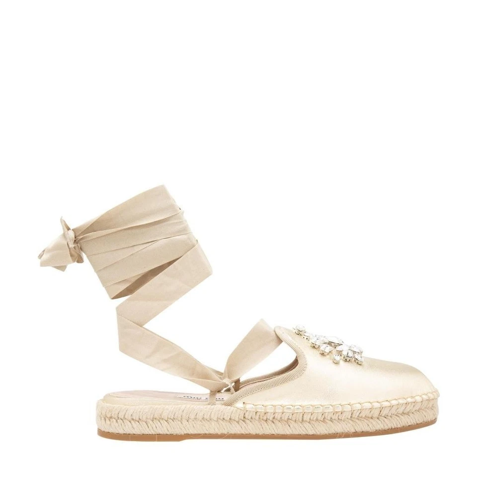 NEW MIU MIU PRADA GOLD LEATHER CRYSTALS ESPADRILLES LACE PLATFORM SHOES 38/8 - Image 3 of 4