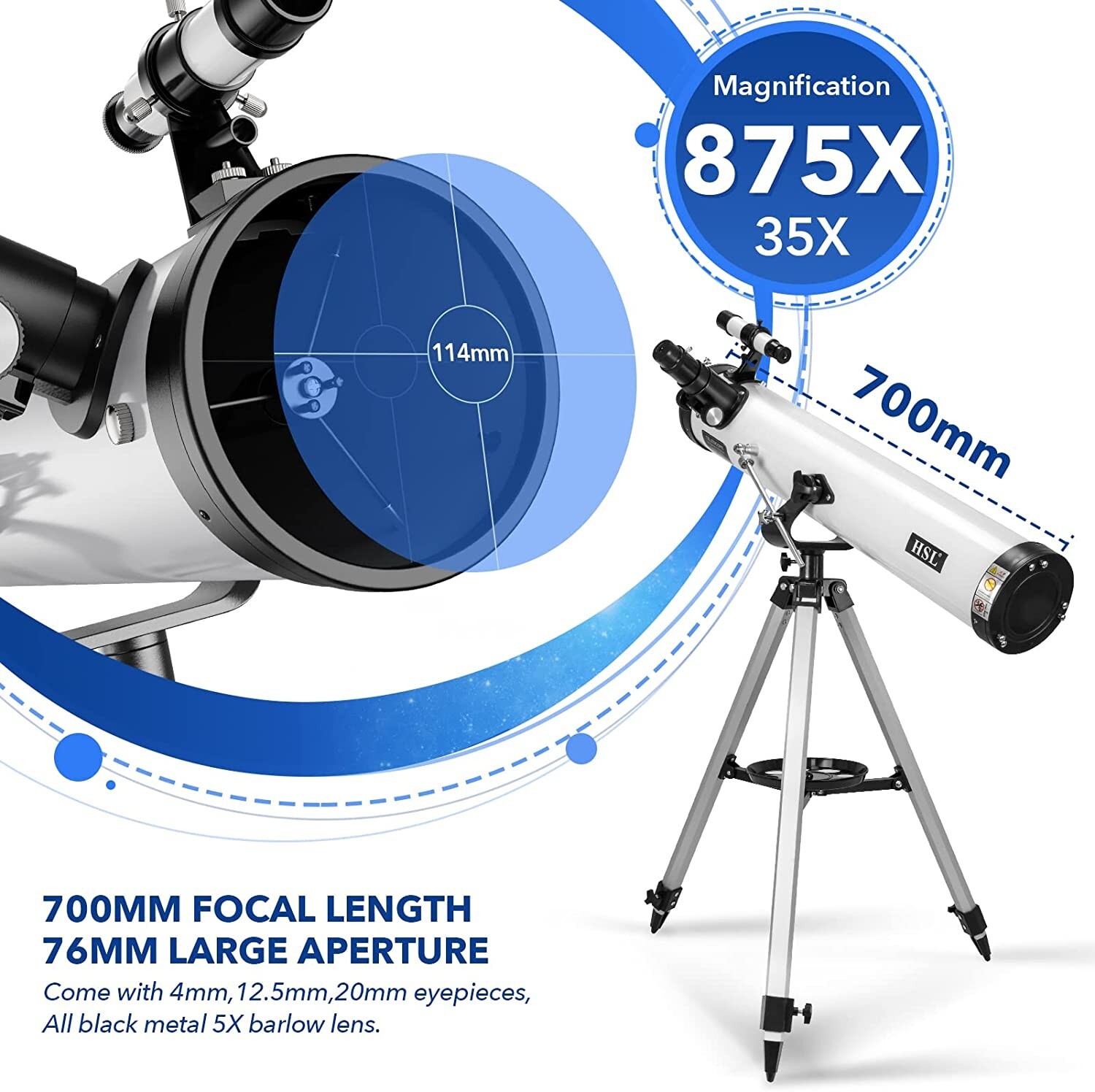 Astronomical Telescope 114mm Aperture 875x Zoom HD High Resolution w/3