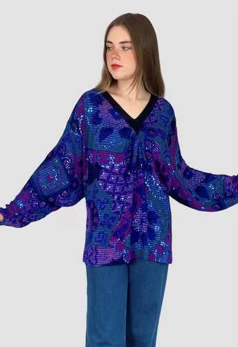 Galitzine 80's Vintage Blue Metallic Batwing Slinky Faux Chainmail Jumper - Picture 3 of 7