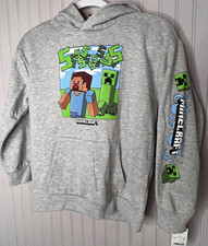 Minecraft Boys HOODIE SWEATSHIRT L Gray Graphic Pullover Cotton Pocket NEW
