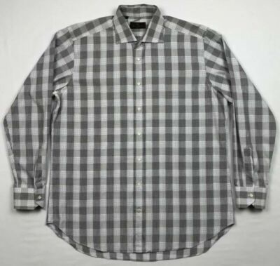 Etro Milano Mens Button Down Dress Shirt 44 Black White Plaid D7