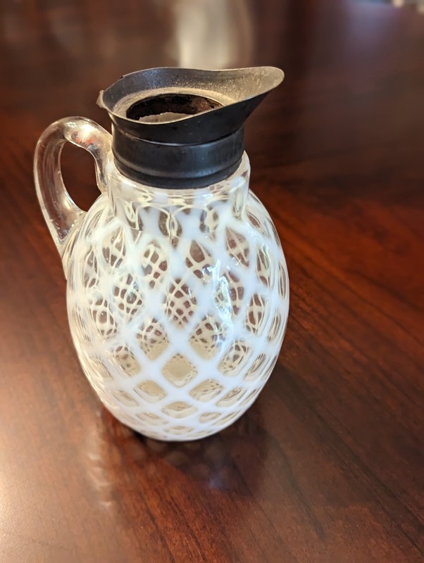 Antique Hobbs Bubble Lattice Syrup Pitcher in White Opalescent Glass