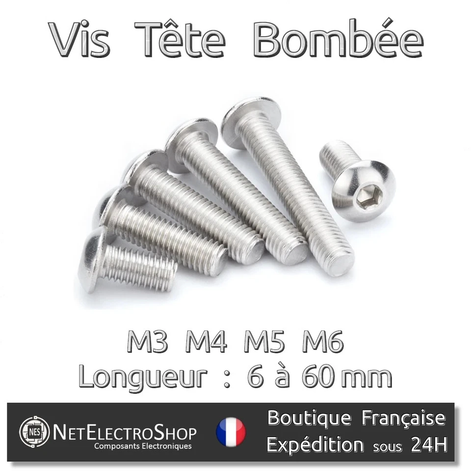 Vis Tête Bombée BHC,Inox A2, 6 pans Hexagonale, M3 M4 M5 M6, 6 à 60mm