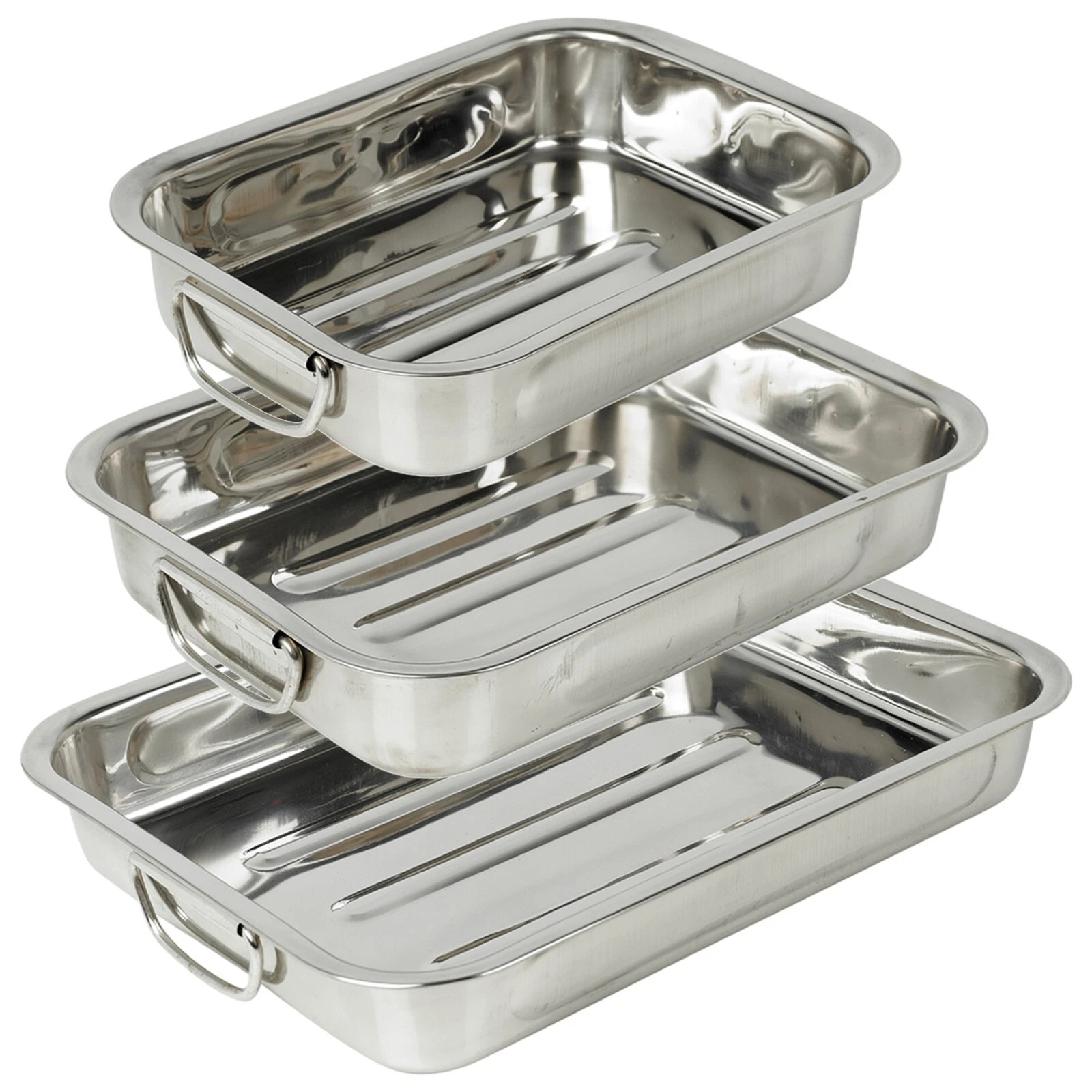 Set of 3 Stainless Steel Roasting Tray Oven Pans Baking Roaster Tins with Handle