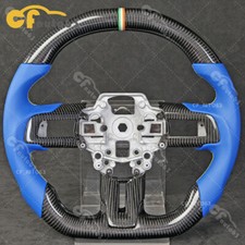 Carbon Fiber Heated Steering Wheel with Trim Blue Leather Fit 15-23 Ford Mustang